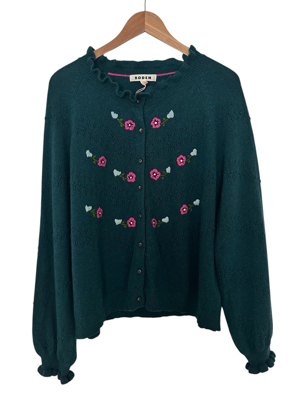 Boden New With Tags Fae Embroidered Fair Isle Cardigan Womens XL Green Pink - Picture 3 of 14